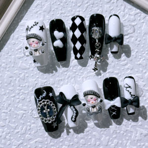 Handmade Long Bubble Girl Fake Nails Butterfly Knot White Enhancing Wearable Nail Art Dark Punk Style Nail Tips from China