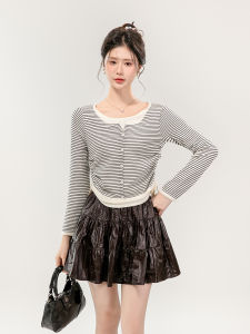 Beige Striped Uneven Knitted Womens Spring New Simple Matchable Pleated Drawstring Cardigan Korean Style Long Sleeve round Neck