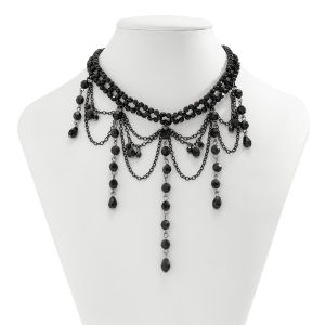 Lacteo Gothic Crystal Tassel Choker Black Beads Handmade Strand Necklace Multilayer Charm Neck Chain for Women Girls Jewelry New