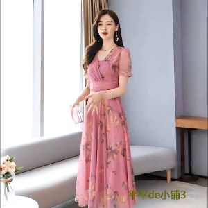 2026 Summer Short Sleeve Midi Dress Women Fashion Print V-Neck Bodycon Dress Ladies Elegant Floral Chiffon Party Vestidos De Fiesta