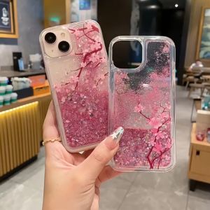 CrashStar Sakura Cherry Blossoms Liquid Quicksand Pink Peach Flower Phone Case For iPhone 17 16 15 14 Pro Max Plus 13 12 11 Pro Max X XR XS Max 8 Plus 7 Plus Fashion Glitter Sequins Phone Cover Transparent Soft Casing Shell