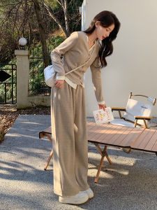 ผู้หญิง ชุดถักเปิด คาร์ดิเกน ลำลอง พรางหุ่น ขากว้าง กางเกง สองชิ้น สไตล์สปอร์ต สไตล์ คอลเลกชันฤดูใบไม้ร่วง คอวี แขนยาว