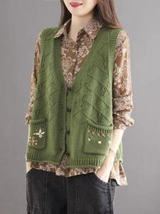 Retro Patchwork Hollow Knitted Vest Cotton Thread Sleeveless V-neck Jacket Outerwear Simple Style Commute Suitable for Ages 30-34