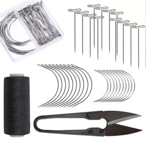 Needle & Thread for Hair Extensions Hair Weave Sewing Threads with CT Shape Curved Upholstery Needles for Hair ExtensionsMaking