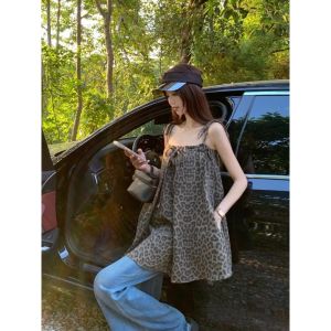 Retro Leopard Print Sash Crop Top Women Summer Slimming Sleeveless Loose Versatile Wide Strap Vest Casual Fashion Trendy