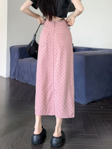 QIAOMIDUO | Summer Polka Dot Pink Half Skirt Womens New 2024 Colorful Denim Wrap Around Long Straight Cut Skirt High Waist Cotton Blend