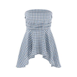 French Sweet Spicy Style One Shoulder Tube Top Shirt Women Summer High Sensation Blue Plaid Sleeveless Short Top