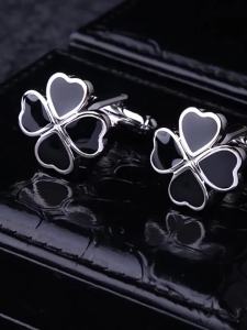 Black Four-Leaf Cufflinks Mens French Shirt Sleeve Buttons Formal Shirt Cuff Fasteners Fashionable Accessory for Men