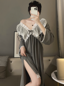 Pure ผ้าฝ้าย ชุดนอน ผู้หญิง ฤดูใบไม้ผลิ ฤดูใบไม้ร่วง แขนยาวบางแยกยาว เซ็กซี่ ลูกไม้ Pure Desire Court สไตล์เสื้อผ้า