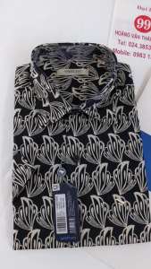 [Việt Tiến Sale] Sơ Mi Ngắn Tay - Regular (Suông) - Vạt vuông - Họa tiết hình lá màu be trên nền đen