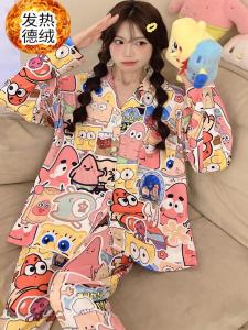 Cartoon Paidaxing Pajamas Womens Spring Autumn and Winter plus Houde Velvet Long Sleeves Coral Fleece Cardigan Homewear Warm Plush