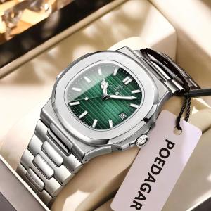 Đồng Hồ Thạch Anh Nam POEDAGAR Square Thép Không Gỉ Dạ Quang Lịch Ngày Thể Thao Sang Trọng Dành Cho Nam Giới