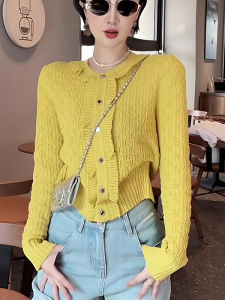 Fashionable Short Knitted Cardigan Womens round Neck Lace Trim Design Unique Beautiful Autumn Winter New Style Korean Version