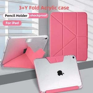 For iPad A16 11th 10th with Pen Holder Trifold Acrylic Clear Back Hard Cover For iPad 10.2 9.7 Air 11 5 4 10.9 Pro 11 12.9 Case