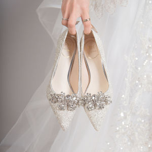 Elegant Silver Brides Shoes with Crystal Embellishments High Heels Fine Heel Wedding Banquet Footwear for Women