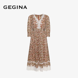Pure Cotton GEGINA V-neck Floral Print Liberty Tana Lake Lace Splicing Midi Dress A-line Silhouette Floral Printed Spring Summer Autumn Dress