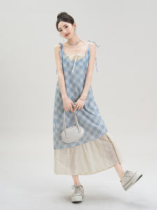 Nurture One | Đầm Dài Mùa Hè Phong Cách Plaid Xanh Lơ Dễ Thương