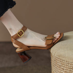 Summer 2025 Womens Fashion Thick Heel Retro Open-Toe Leather Sandals High Heels Roman Style Versatile Casual Low Cut Rubber Sole
