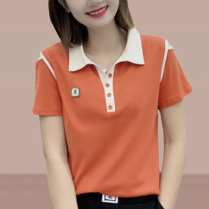 Womens Polo Collar Short Sleeve T-Shirt Pure Cotton Casual Patchwork Design Summer Fashion Slimming Top Korean Style Commute