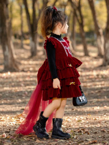 Princess Style Girls Dress Butterfly Knot Tail Red Skirt Autumn Winter Childrens Birthday New Years Ceremony Dress