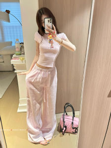 Pink Casual Pants Womens High Waist Straight Leg Spring Autumn Style Drapey Comfortable Lengthened Version for Taller Ladies