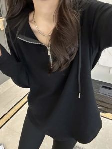 Loose Fit Long Sleeve Hoodie Womens Fashionable German Velvet Top Slimming Concealing Mid-Length T-Shirt Creative Solid Color