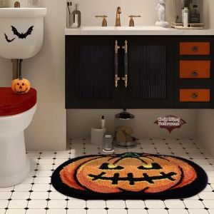 Thảm Tắm Hình Đầu Bí Ngô Halloween VIKAMA Thảm Trải Sàn Phòng Tắm Mềm Mại Chống Trượt Thấm Nước Để Trang Trí Nhà Cửa