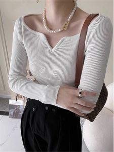 chaqi | Womens Knitted Base Shirt Fall Winter V-neck Long Sleeve Midi Top French Atmosphere One-Shoulder Inner Wear Commute Style Pure Color