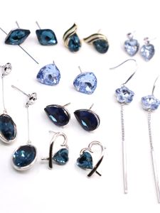 ต่างหูคริสตัลเงินแท้สไตล์เกาหลีสีน้ำเงินเข้มและอ่อน ต่างหูแบบเข็มเงินแท้ สไตล์เกาหลีสุดเก๋