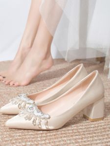 French Style High Heels Womens Shoes Suitable for Engagement Parties Bridal Dresses Champagne Color Thick Heel Princess Style