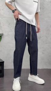 Mens Straight Leg Blue Gray Y2K Drawstring Jeans Loose Wide Denim Casual Streetwear Male Baggy Stylish Harajuku Trousers
