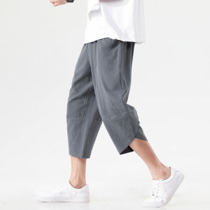 Loose Wide Leg Cotton Linen Casual Sports Pants Mens Three-Quarter Length Ice Silk Thin Summer Lightweight Comfortable Trousers