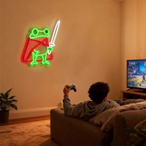 Sword Frog Neon Sign for Wall Decor Cartoon Frog Knight Neon Light for Man Cave Birthday Gifts LED Anime Sign for Teen Bedroom