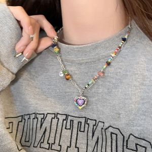 สร้อยคอเกาหลี สร้อยคอจีบ สีสัน หัวใจสร้อยคอลูกปัดหินธรรมชาติ ผู้หญิง Y2k สไตล์สร้อยคอ ราคาถูกต้อง