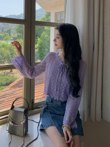 DENGLIULIU | French Retro Slimming Purple Knit Top Blue Denim Skirt Set