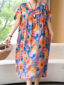 Plus Size Floral Dress Cover Stomach Loose Mid Dress Women Casual Loose Retro Print Long Dress