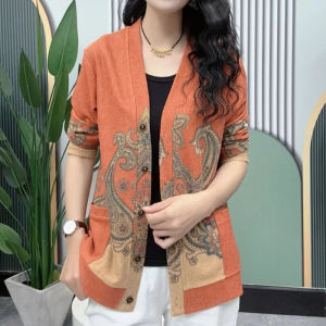 ทันสมัย ถัก คาร์ดิเกน เสื้อสเวตเตอร์ สําหรับผู้หญิงพิมพ์ลายแขนยาวแม่วัยกลางคนขนาดใหญ่ เสื้อแจ็คเก็ตสั้นแขนสั้น มีสไตล์ เสื้อสเว็ตเชิ้ต