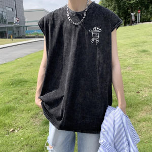 เสื้อยืดแขนกุดคอตตอนแท้สไตล์ฤดูร้อนสำหรับผู้ชาย ทรงหลวมสบาย ๆ ระบายอากาศได้ดี เสื้อกีฬาบาสเก็ตบอลแบบลำลอง