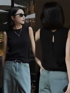 Black Cross Knitted Vest Women Summer New Ice Silk Sleeveless Back Design Sensation Small Audience Commute Korean Loose Fit