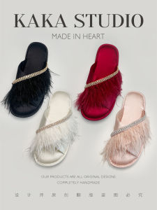 Luxurious Satin Slip-On Slippers Cross Ostrich Feather Morning Robe Outdoor Wear Soft Bottom Indoor Home Use Spring Summer