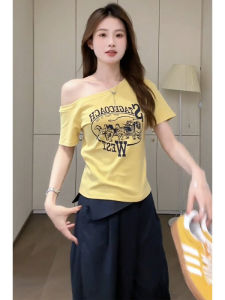 YUEZHONGWEI | Yellow Shoulder Bared Letter Print Short Sleeve T Shirt Womens Slim Fit Summer Hot Girl Top Korean Style Commute Fashion