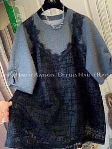 PAZHAOLANG | Loose Lace Vest Layered Effect Faux Two-piece T-shirt