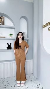 Set Bộ Nữ Thun TĂM LẠNH Quần Loe + Áo FORM RỘNG xẻ tà Thời Trang