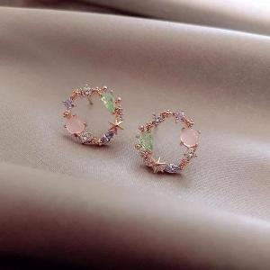 New Korean Classic Round Pink Green Crystal Stud Earrings For Women Sweet Flower Cirlce Jewelry Fashion Brincos Creative Gifts
