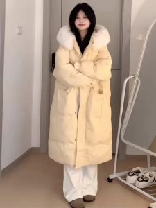 Ultra-Thick down Cotton Jacket Womens Mid-Length Hooded Coat Warm Winter Outerwear with Large Fur Collar Sweet Style Loose Fit