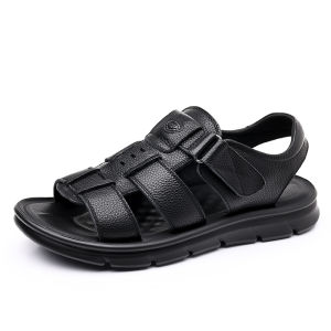 Leather Sandals Mens Summer New Casual Soft Bottom Beach Shoes Anti-slip Roman Style Dad Comfortable Breathable Slip-On Sandals