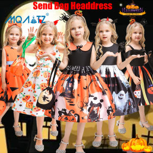 MQATZ (Send Bag Headdress)Halloween Childrens Clothing Girls Cosplay Doll Collar Witch Pumpkin Show Dress Kids Princess Party Clothes WS018