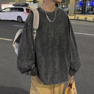 New Arrival Casual Couple Long Sleeves T-shirt Ins Trendy Pure Cotton Loose Distressed Tops Hong Kong Style Washed Sweatshirt Mens Autumn