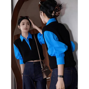 Blue and Black Contrast Pseudo Two-Piece Stylish Slimming Womens Shirt