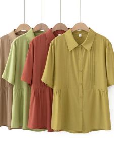 Casual Artistic Pleated Short Sleeve Shirt plus Size Summer Wear for Mom 200 Pounds Fashionable Drapey Polyester Blend